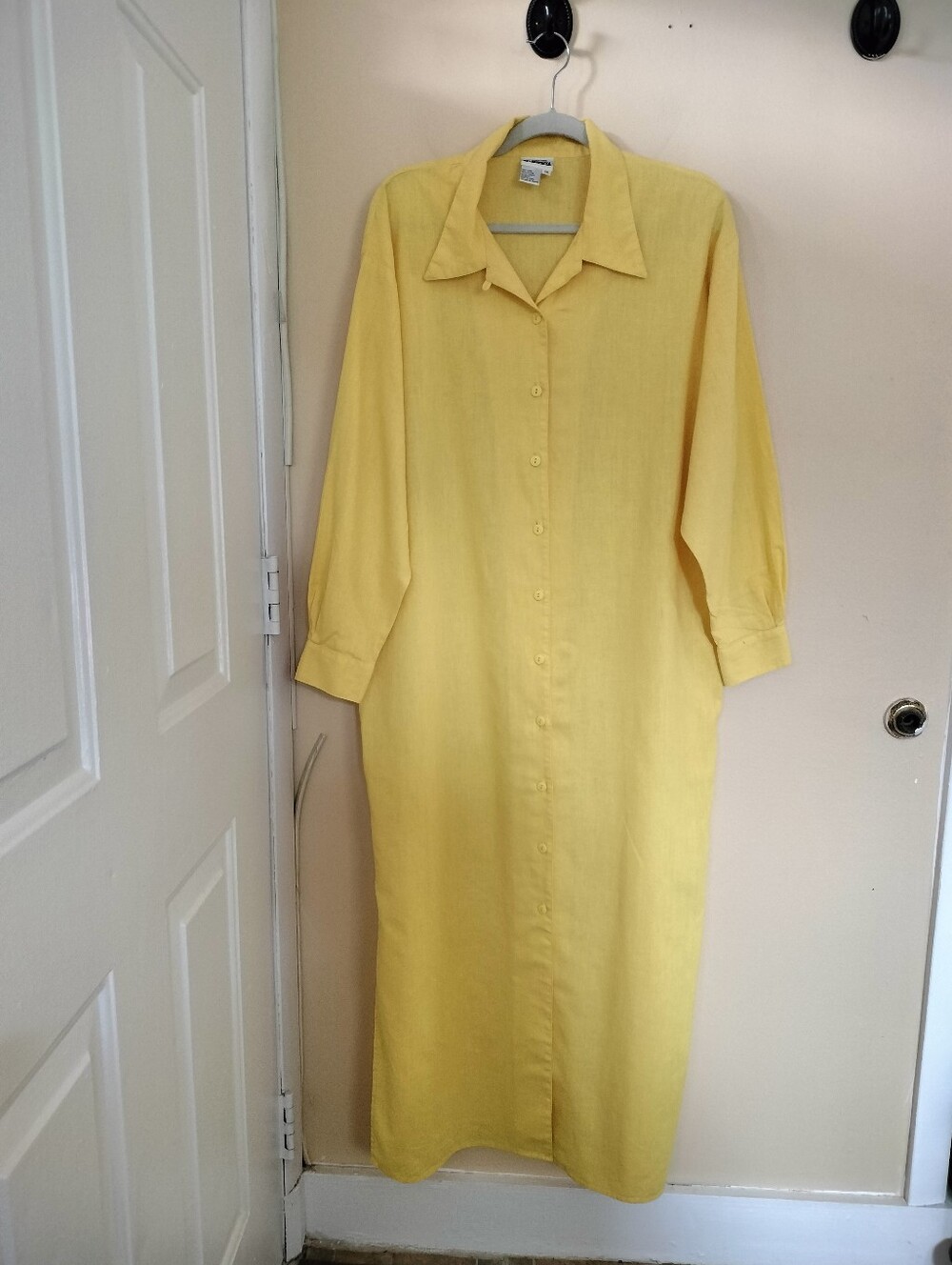 Newport News Stylework VTG Linen Blend Yellow Maxi Shirt Dress 14 Relax Travel